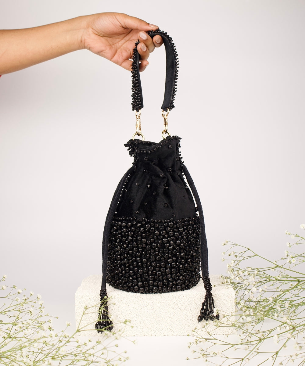 Zaria Black Suede Crystal Embellished Bucket Bag