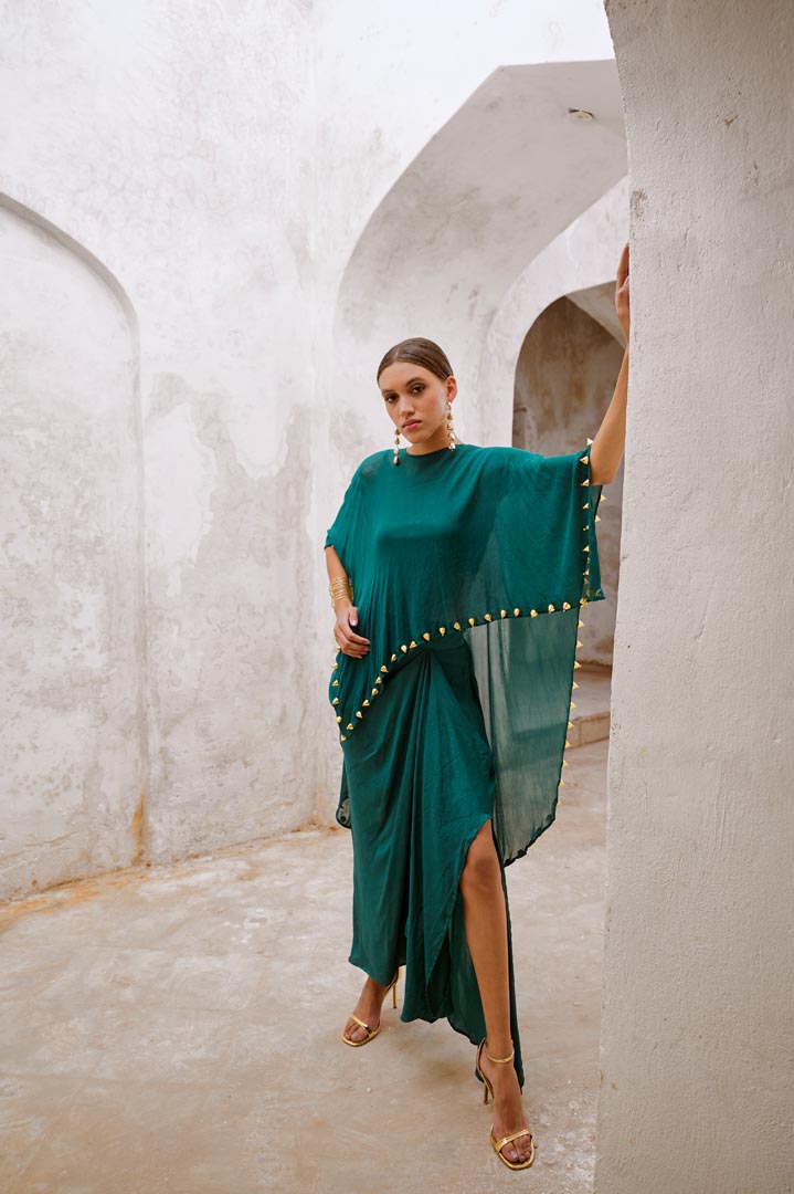 Image of Gulbahar Bottle green bell cape and drape skirt set