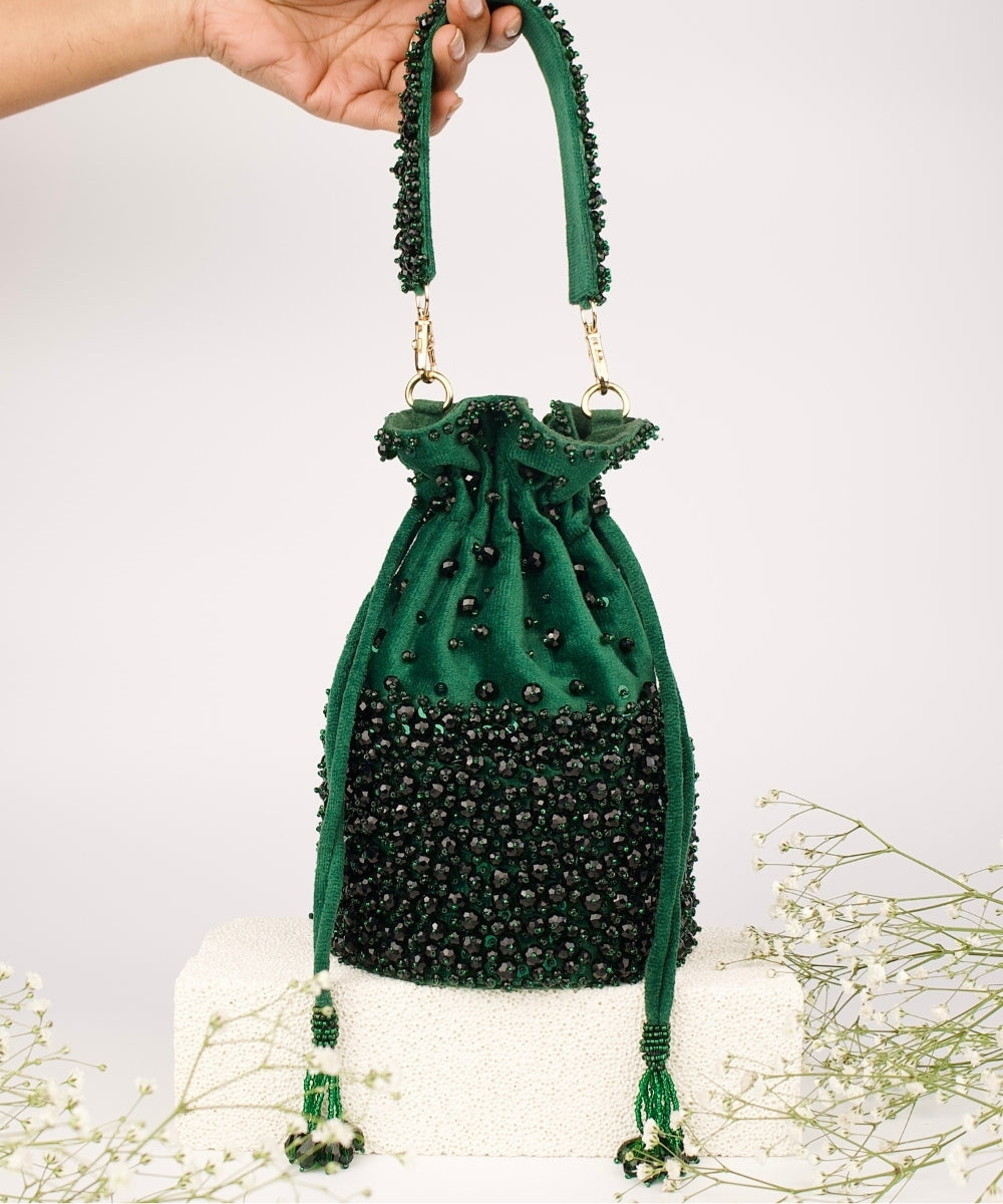 Zaria Green Suede Crystal Embellished Bucket Bag