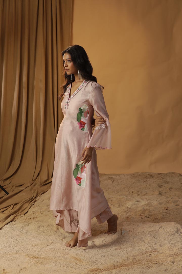 Image of PINK HANDPAINTED A-LINE KURTA SET