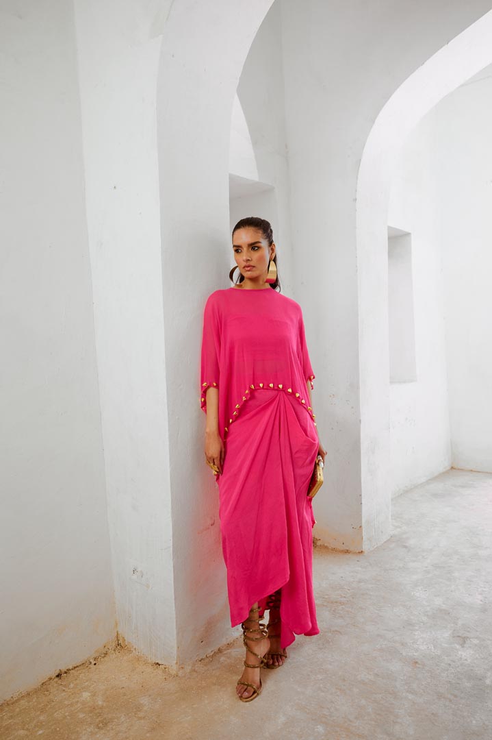 Image of Gulbahar Hot pink bell cape and drape skirt set