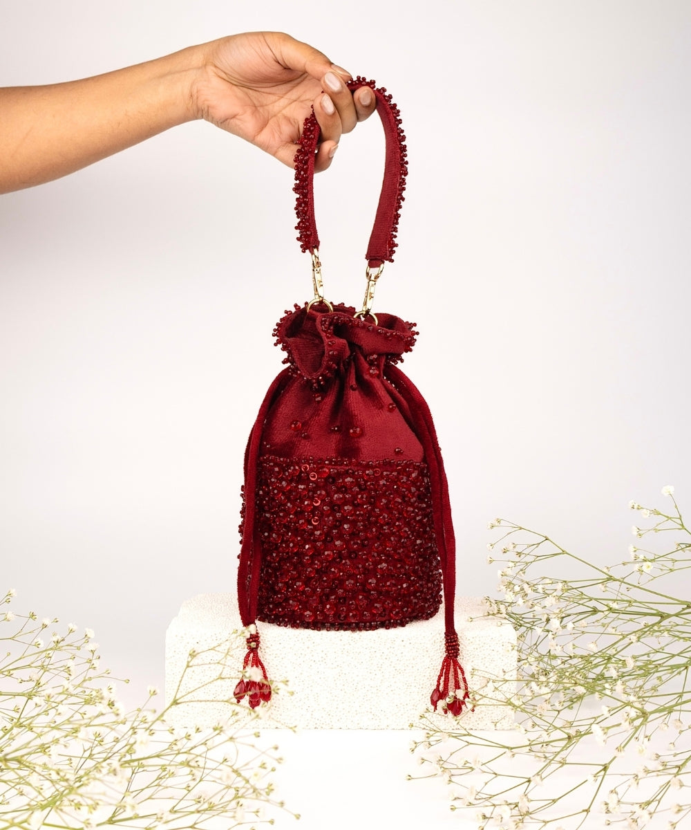 Zaria Maroon Suede Crystal Embellished Bucket Bag
