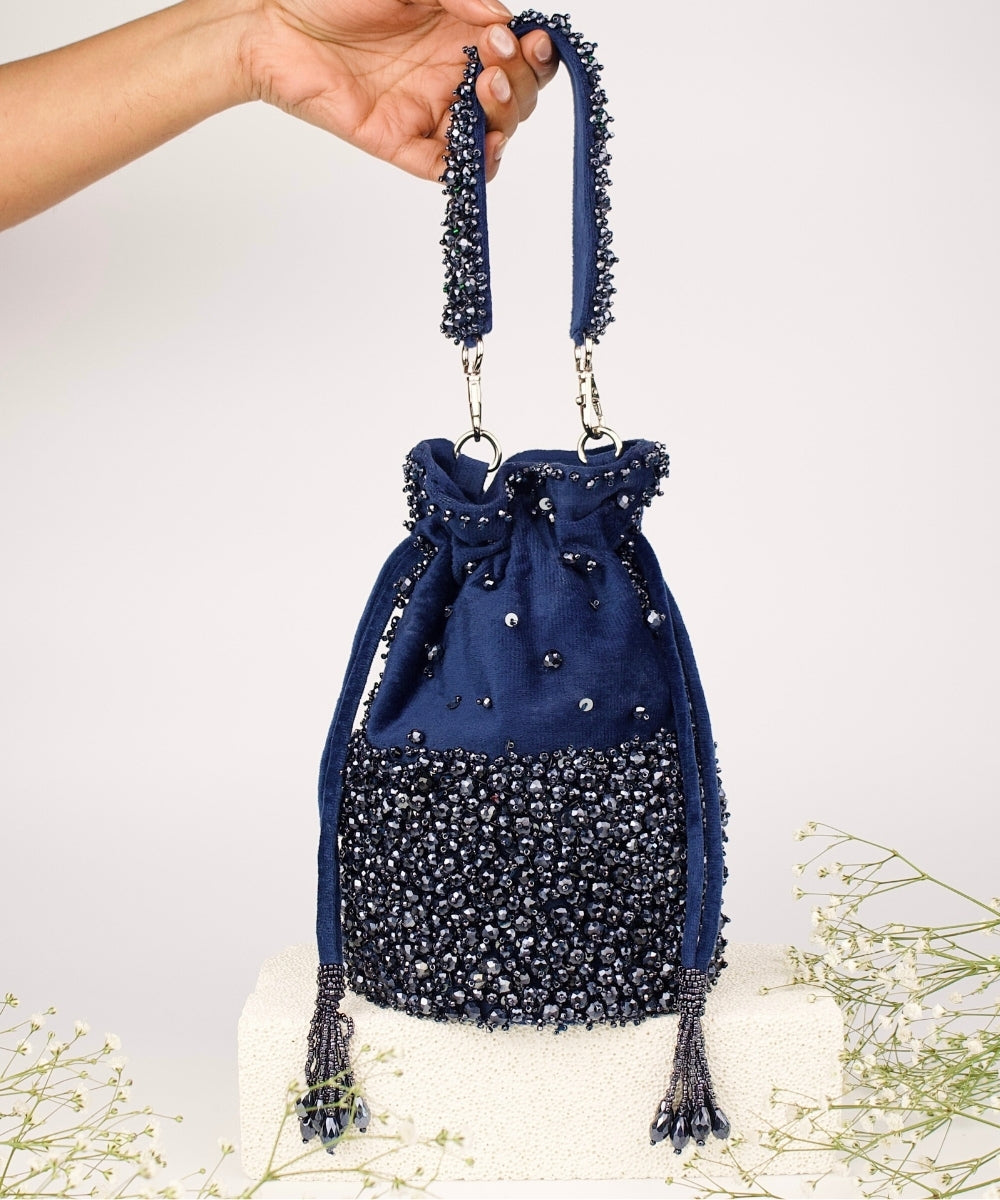 Zaria Navy Blue Suede Crystal Embellished Bucket Bag