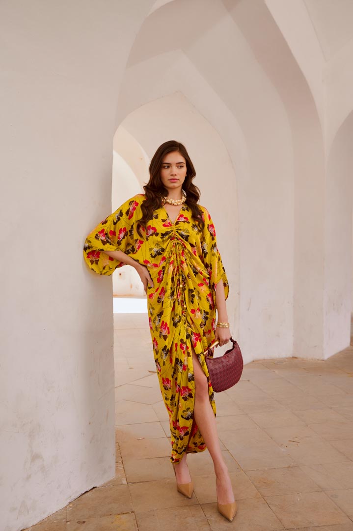 Image of Gulbahar  drawstring poppy kaftan dress