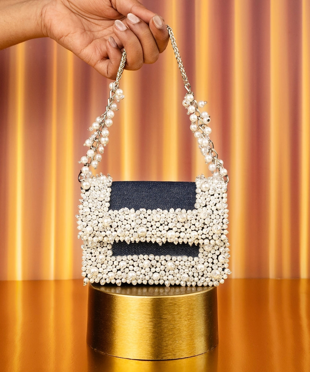 Elana Denim Pearl Embellished Mini Bag