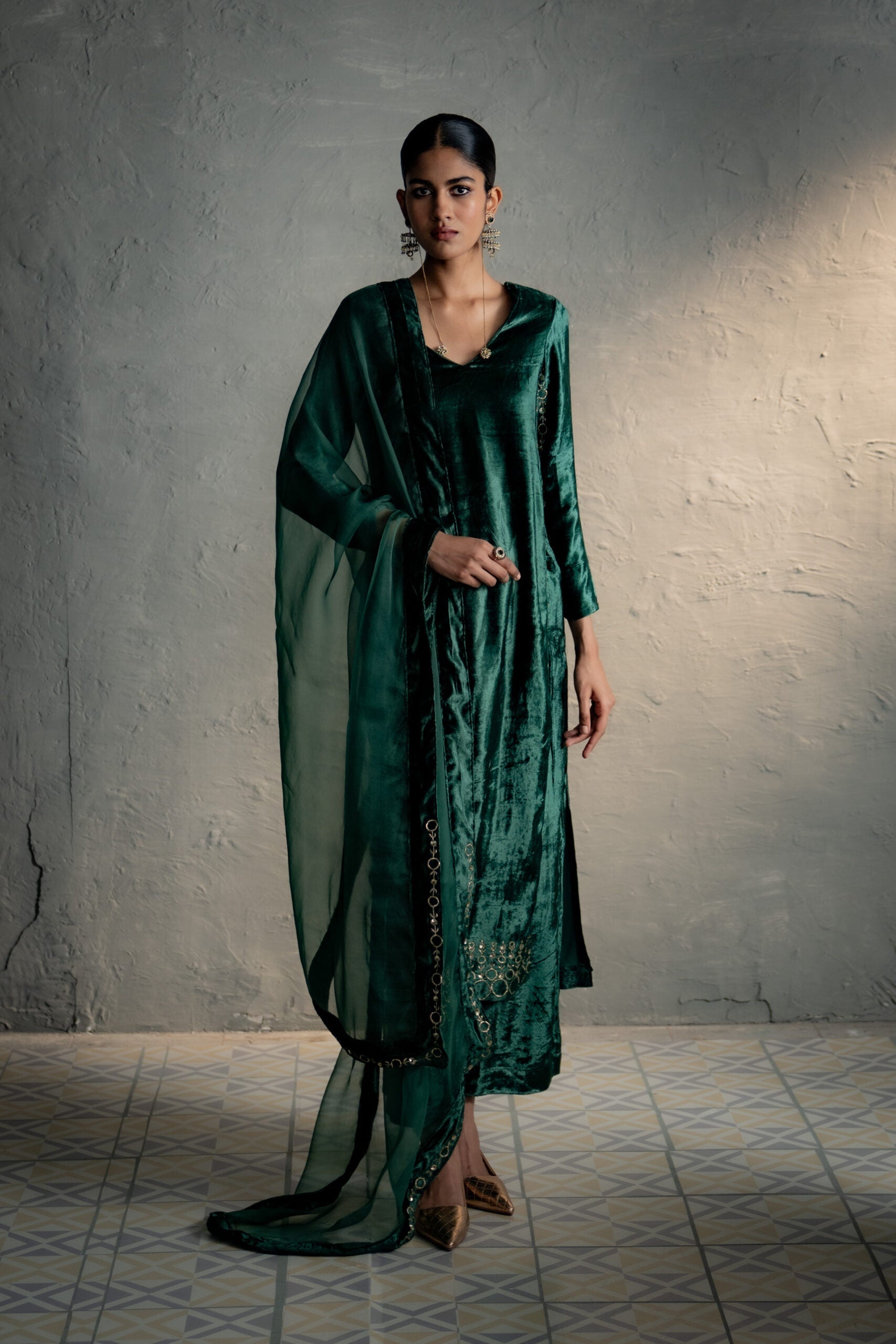 Velvet Green Kurta Set