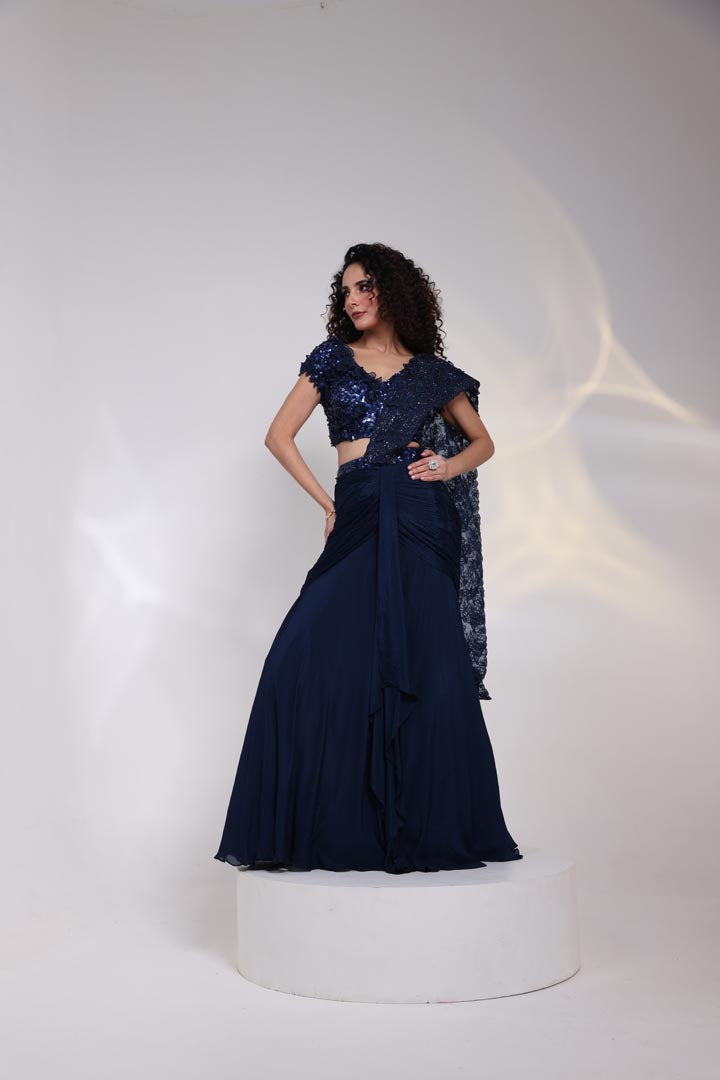 Navy Embellished Drape Saree AAD529BLUE