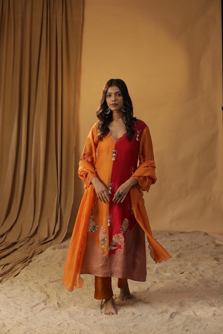 Image of ORANGE HANDPAINTED CHANDERI SILK SUIT SET