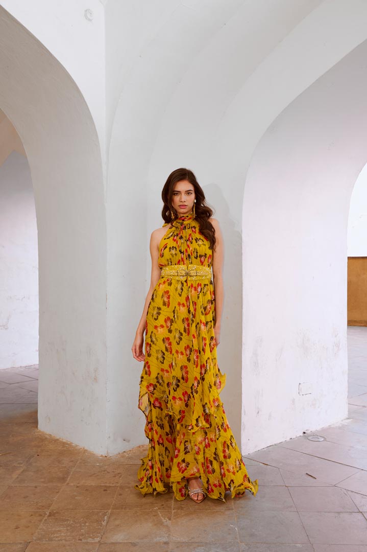 Image of Gulbahar Bumble bee green halter maxi with belt set.