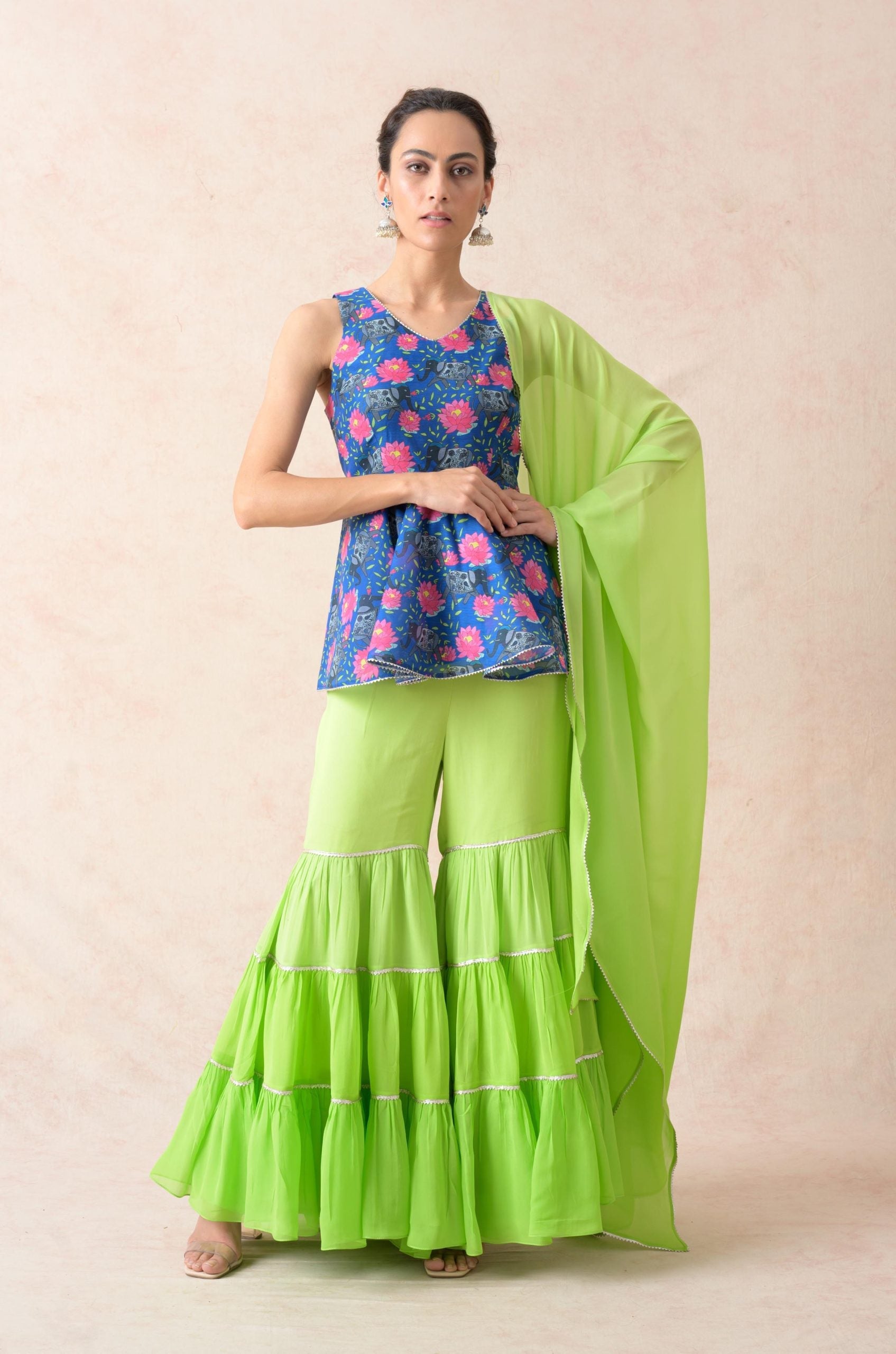 Elephant motifs with floral print peblum kurti with Ombre green tiered gharara, dupatta