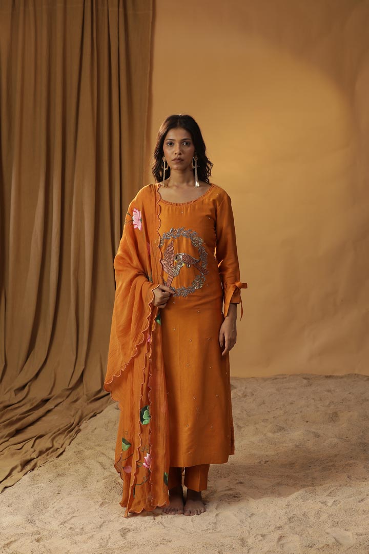 Image of RUST ORANGE BIRD EMBROIDERED SUIT SET