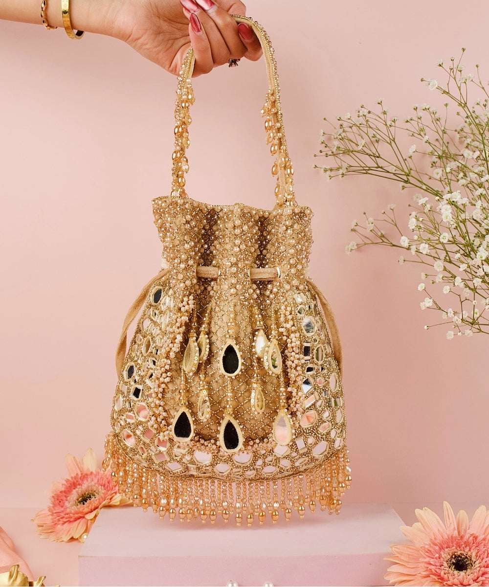 Tarah Gold Suede Mirror Embellished Potli