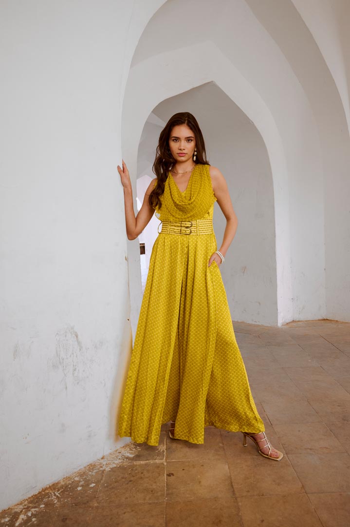 Image of Gulbahar Lemon Green cowl jumpsuit with belt