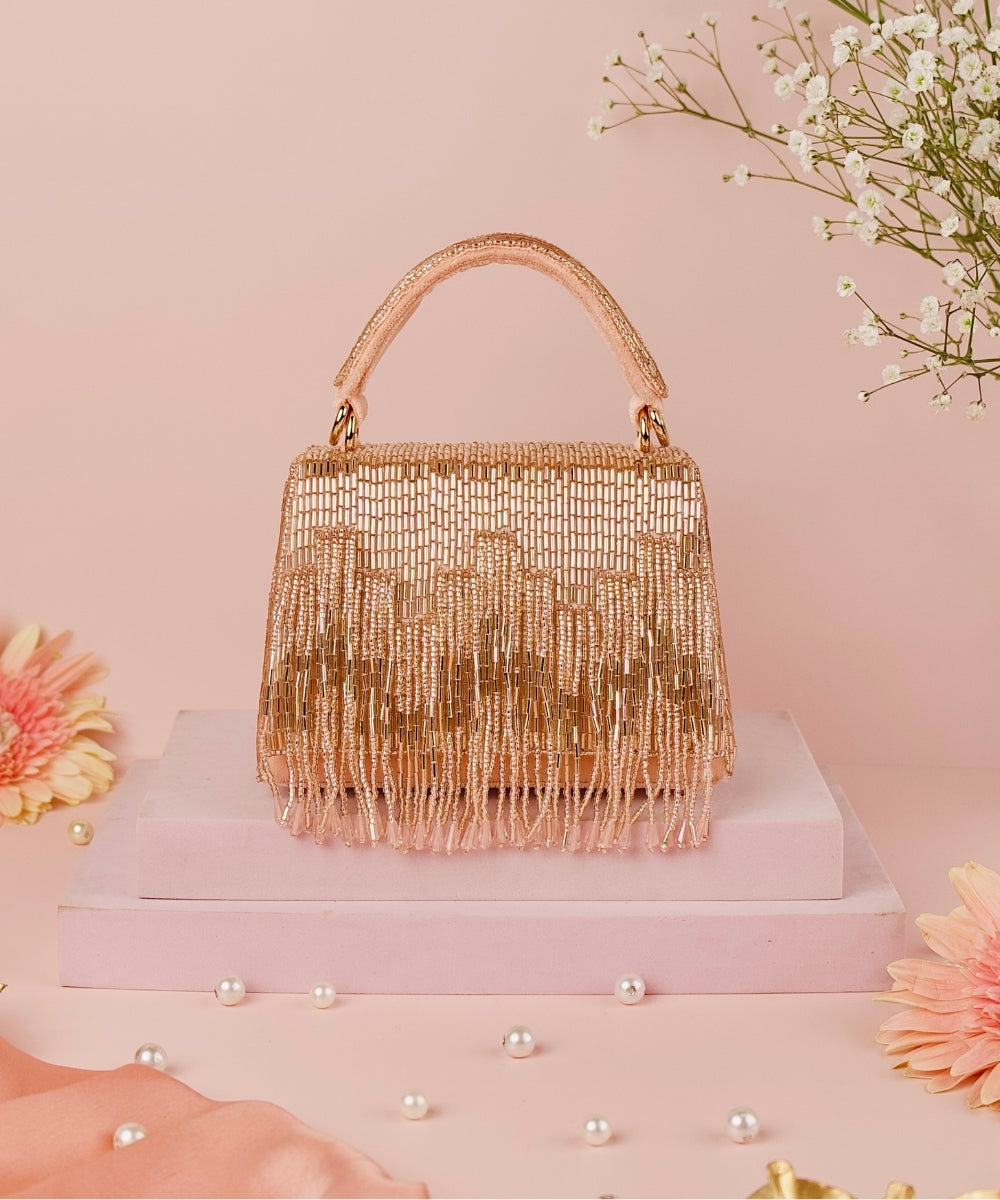 Bushra Rose Gold Suede Handcrafted Box Bag