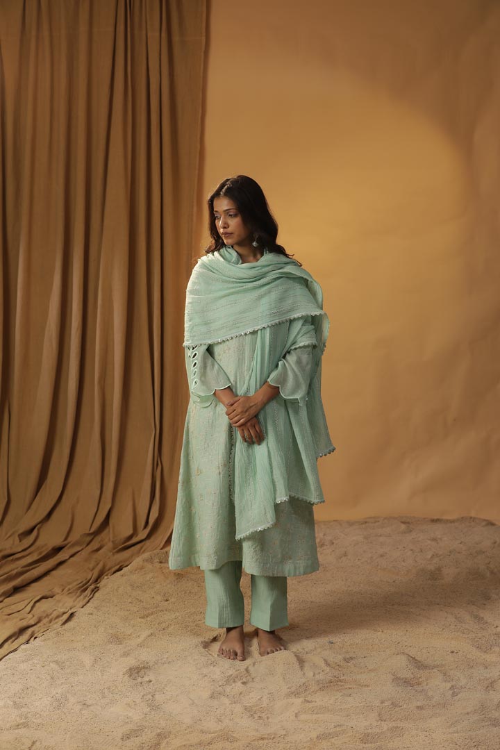 Image of SEA GREEN EMBROIDERED SUIT SET