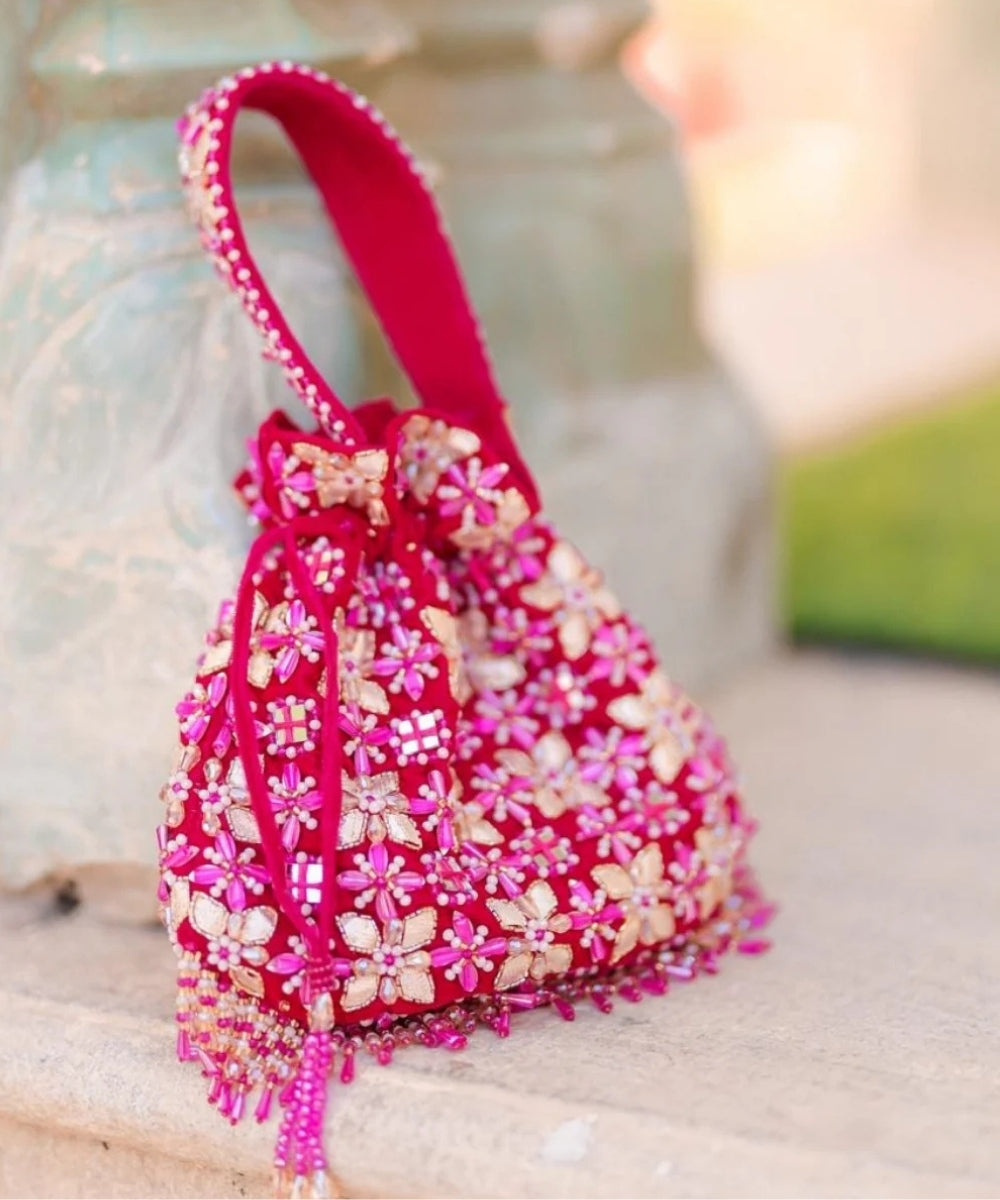 Rida Magenta Suede Gota Mirror Embellished Potli