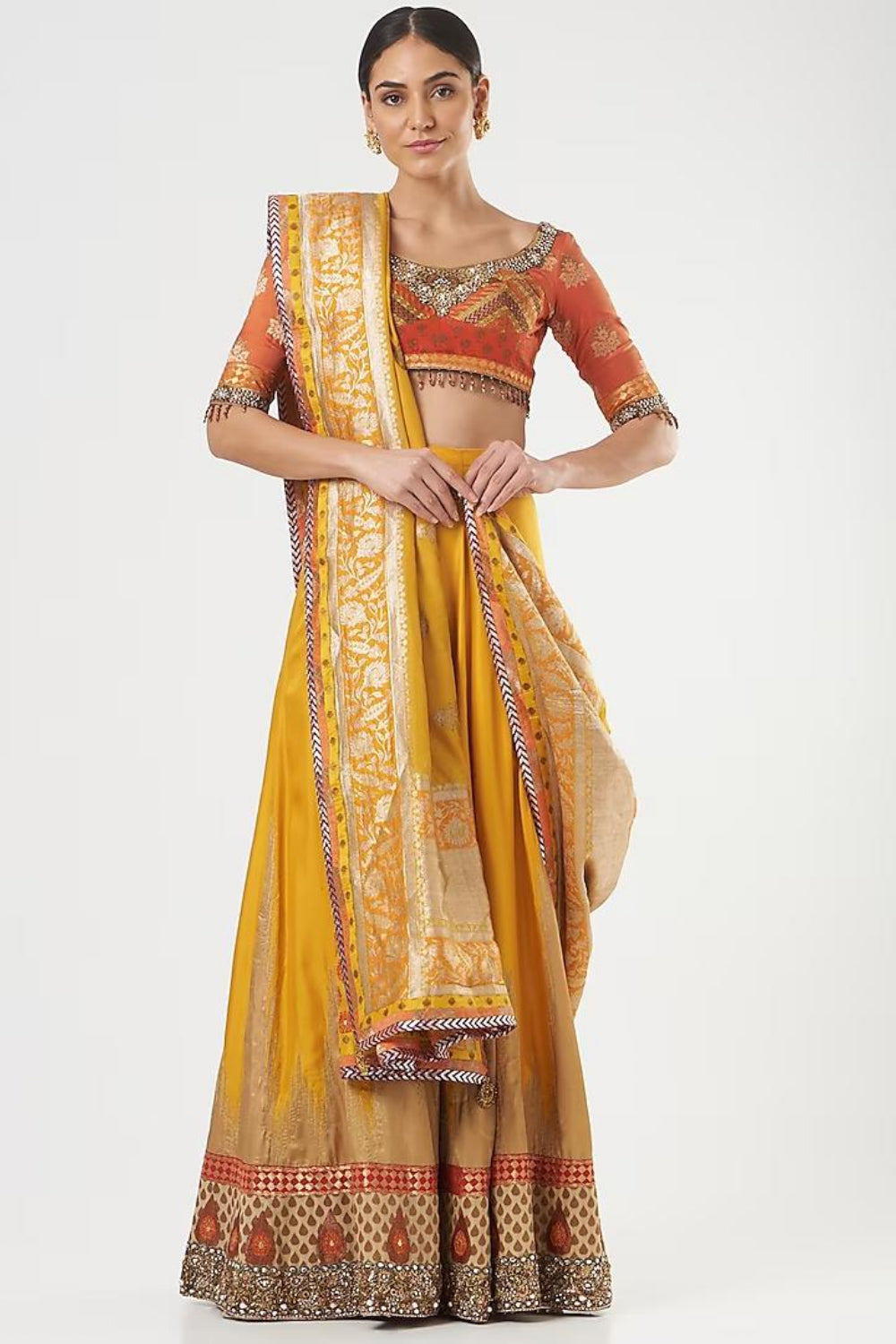 Image of Mustard Embroidered Lehenga Set