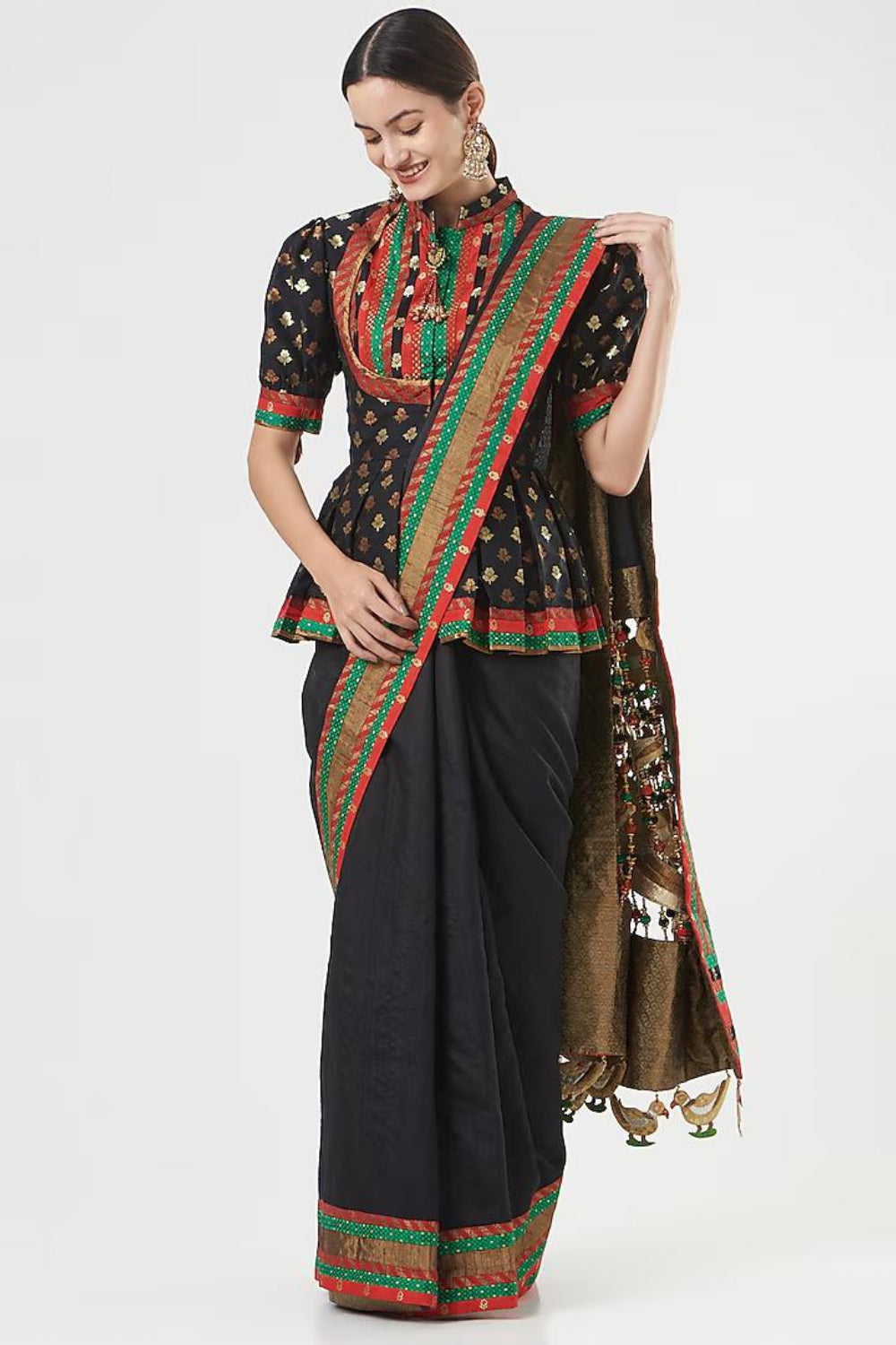 Image of Black Pure Silk Tassels Embroidered Saree Set