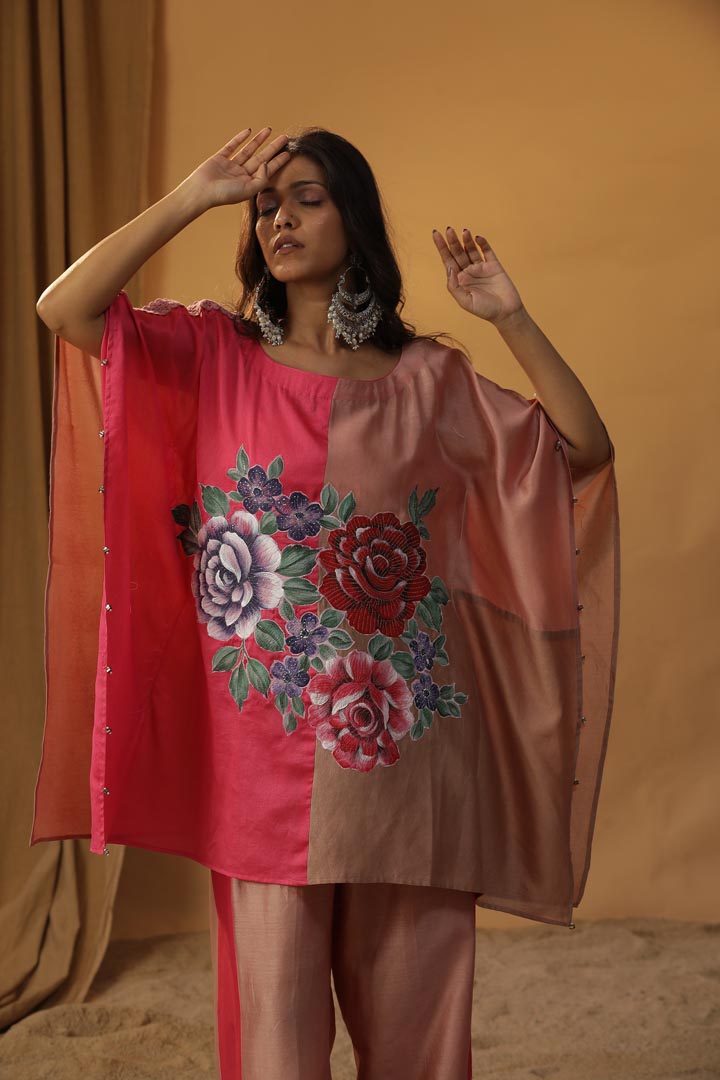 Image of PINK FLORAL BLOCK PRINT KAFTAN  CO-ORD SET