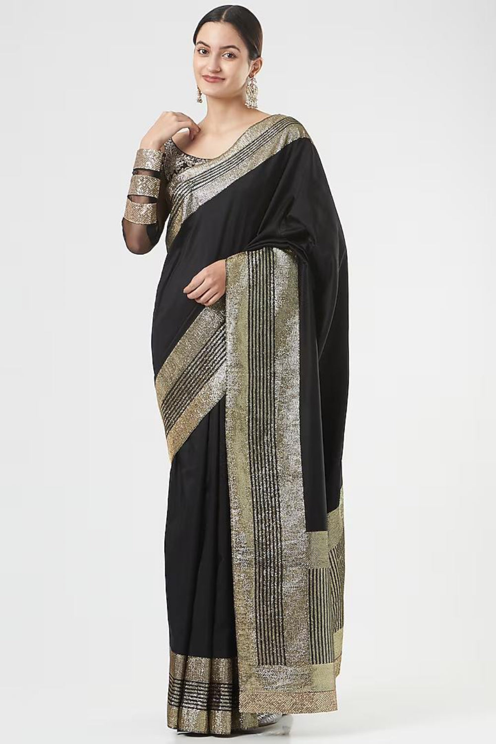 Image of Black Silk Saree Set