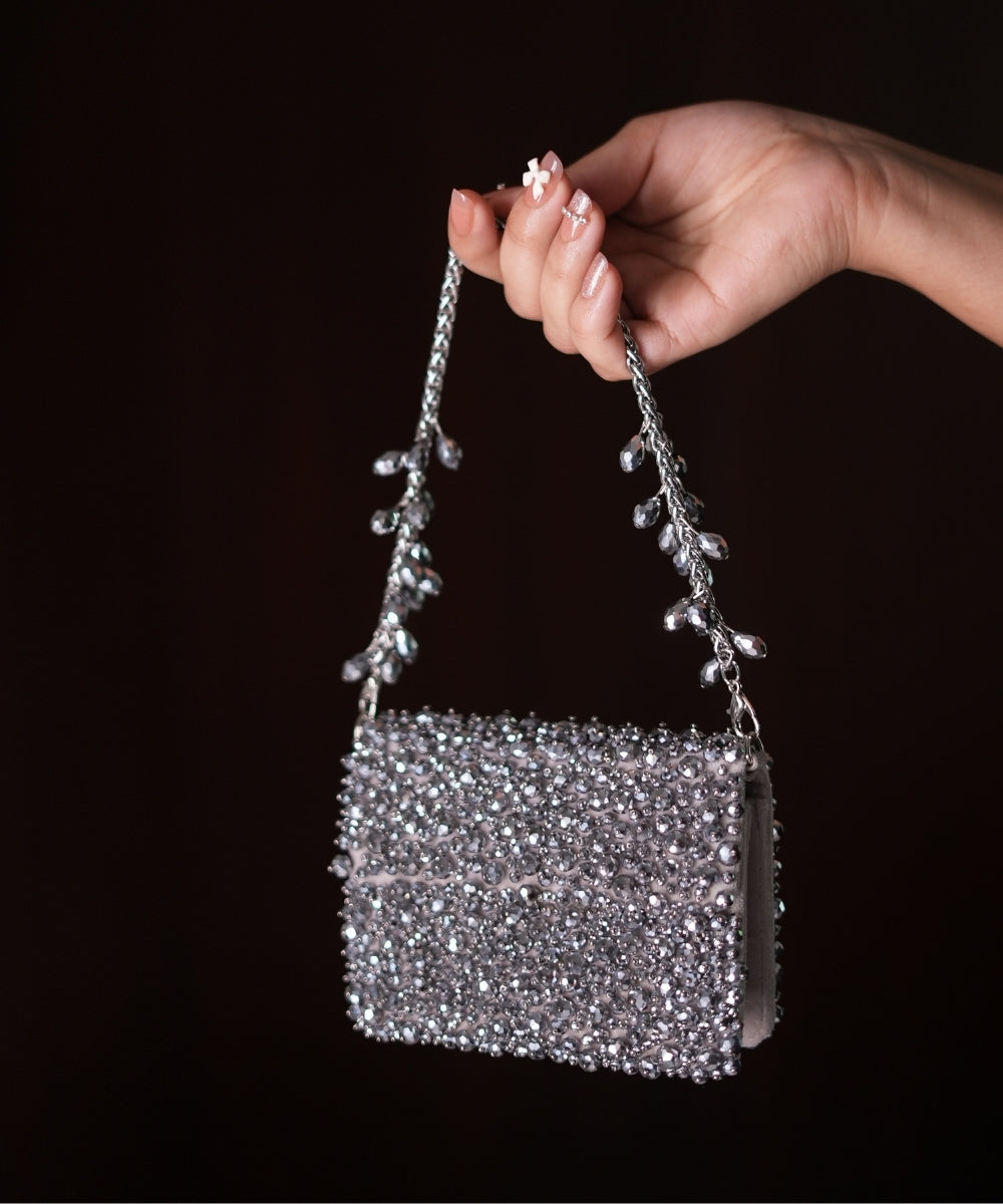 Kiyara Grey Suede Crystal Embellished Mini Bag