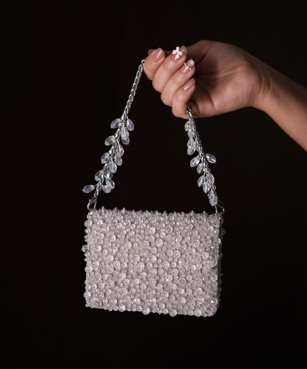 Kiyara Silver Suede Crystal Embellished Mini Bag