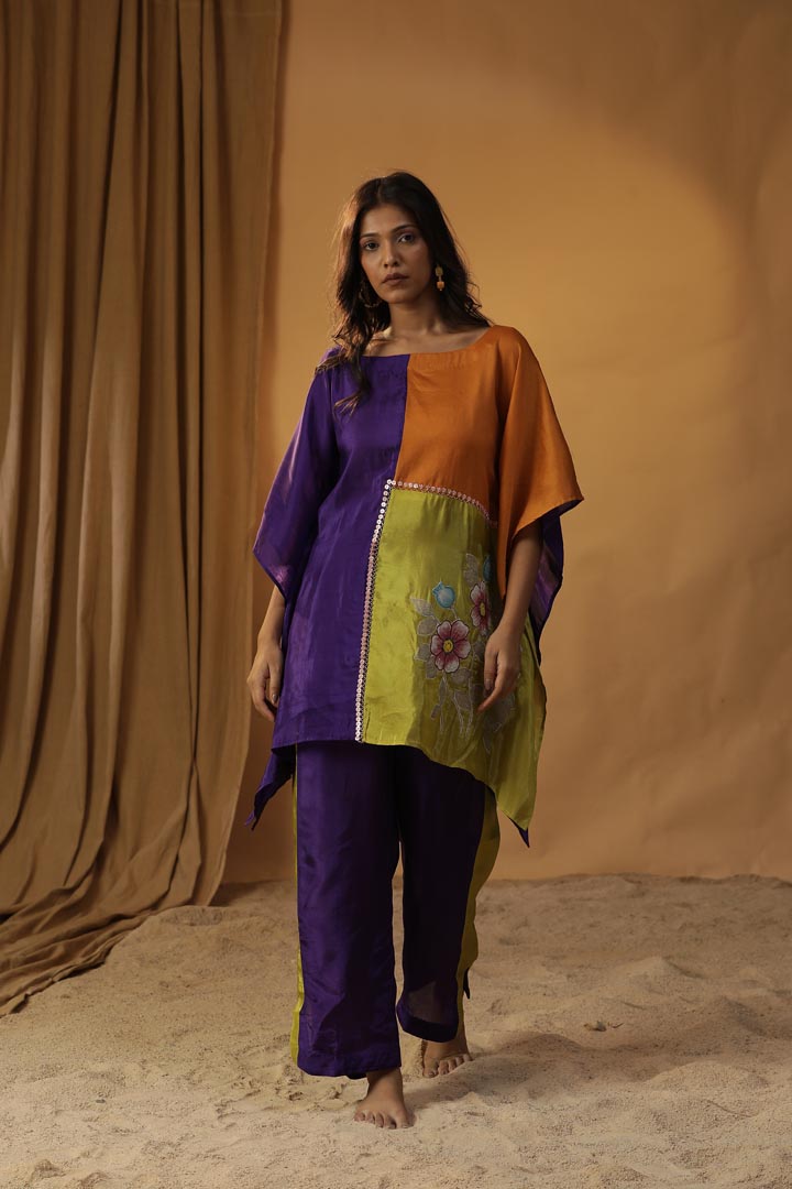 Image of PURPLE FLORAL BLOCK PRINT KAFTAN CO-ORD SET