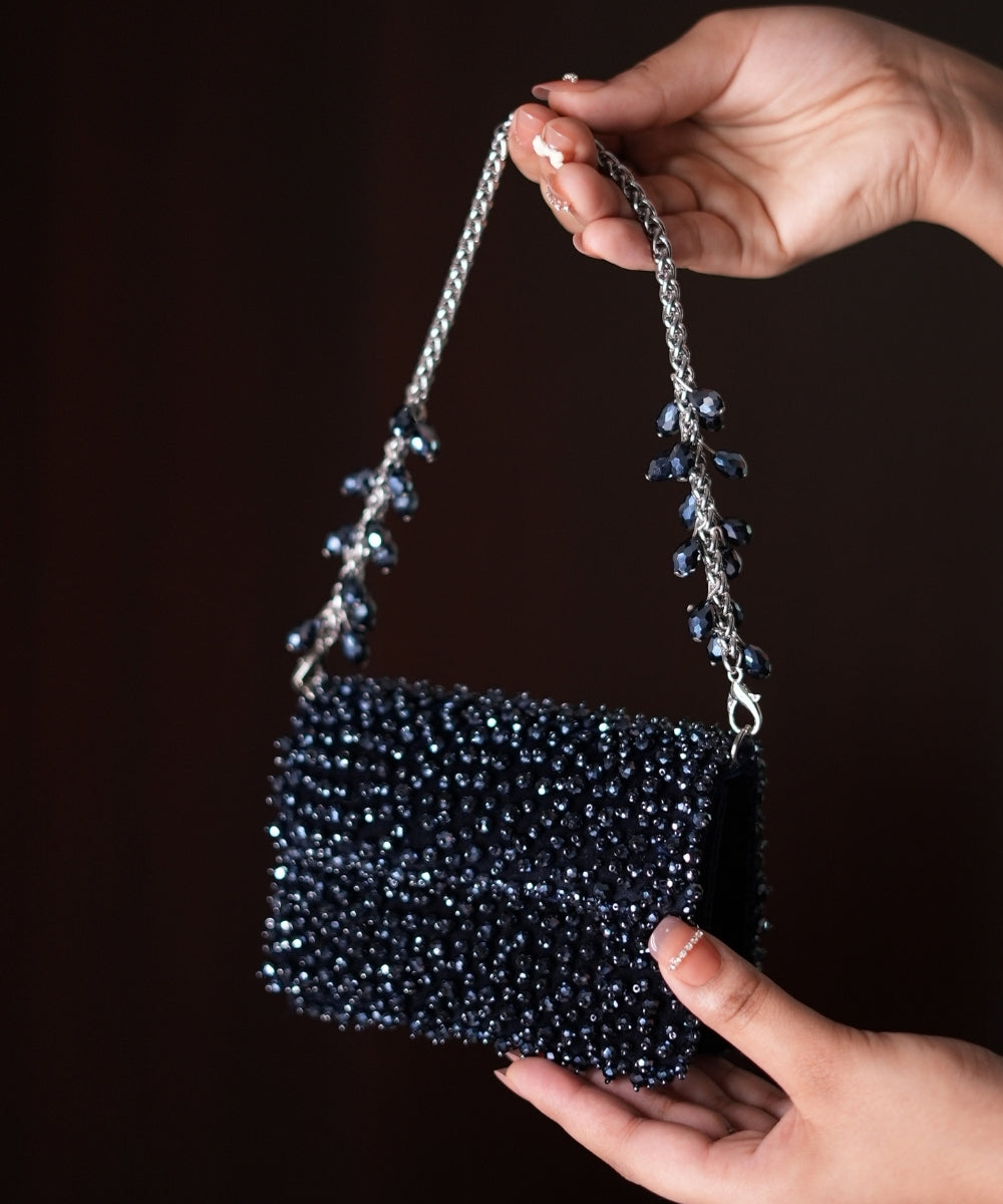 Kiyara Navy Blue Suede Crystal Embellished Mini Bag