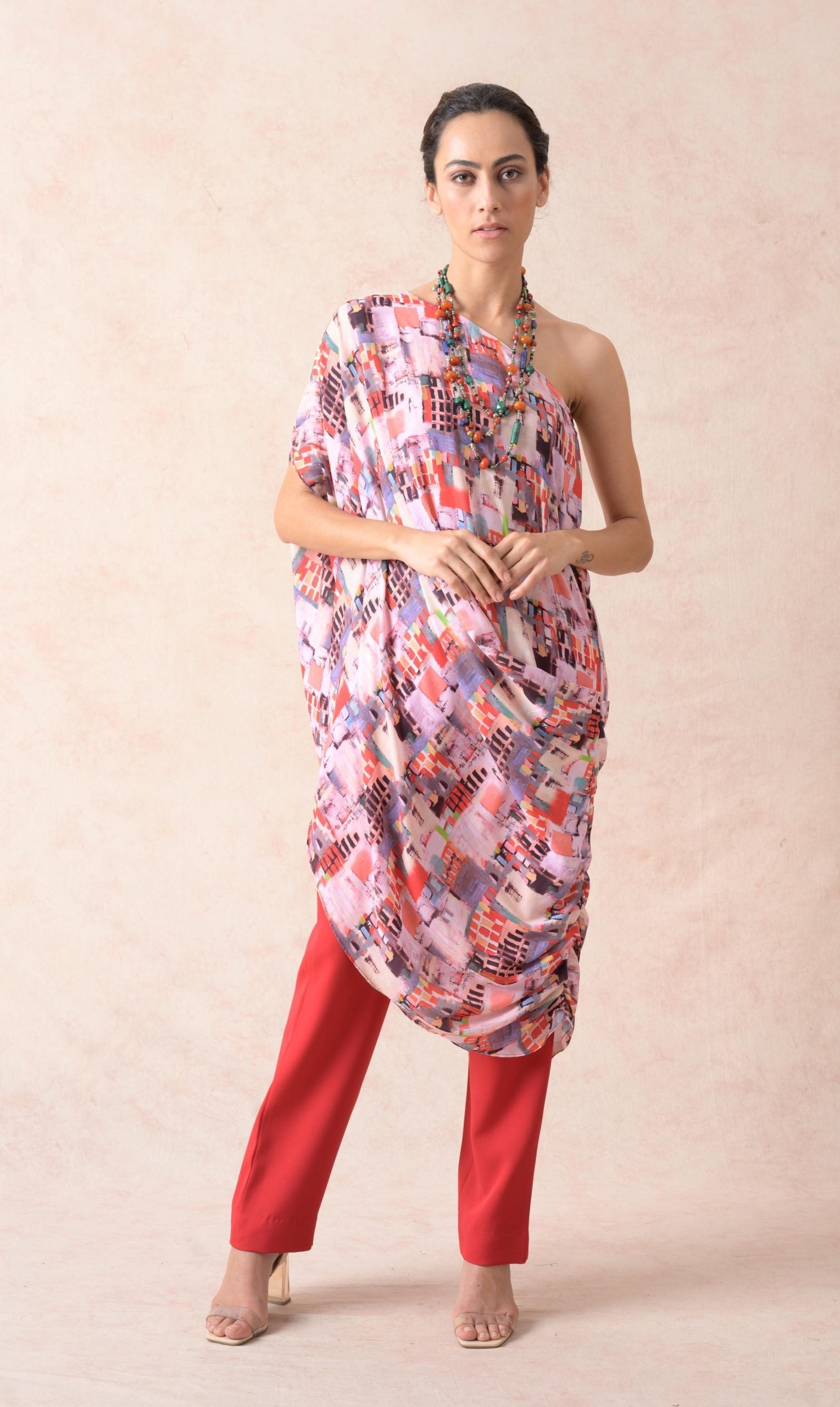 Multicolored abstract print one shoulder cowl tunic with pants