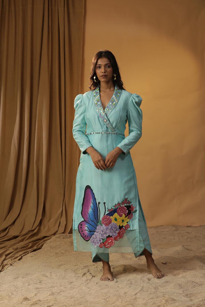 Image of SKY BLUE BUTTERFLY HANDPAINTED SUIT SET