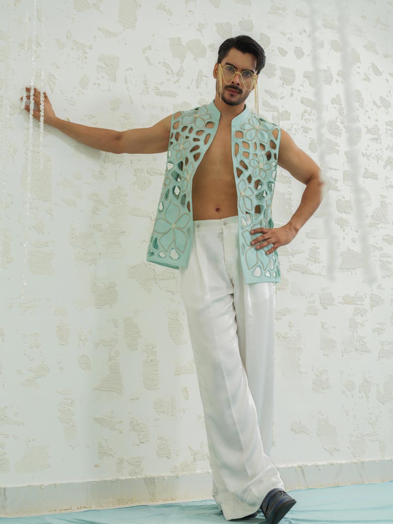 Blue Cutwork Floral Bundi set