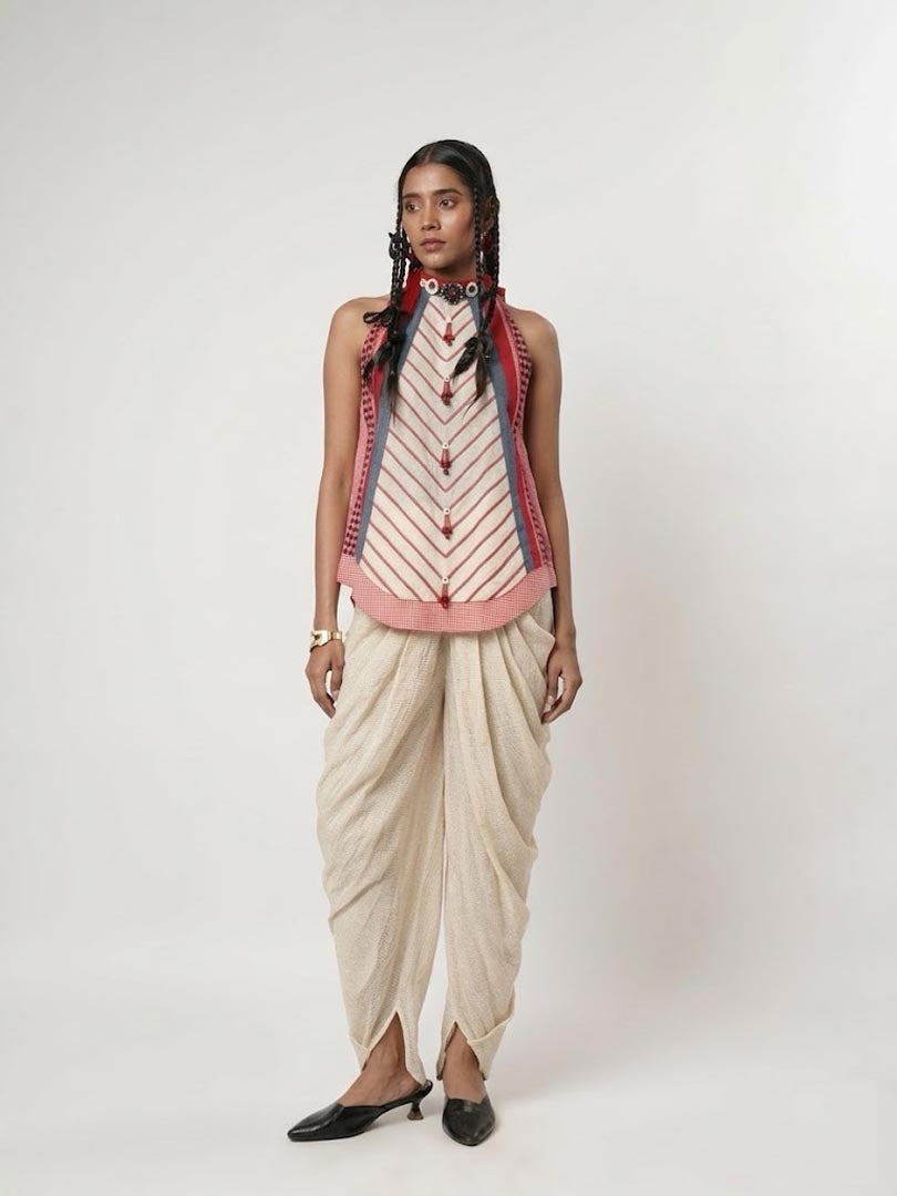PANELLED CORD HALTER TOP & DHOTI SET