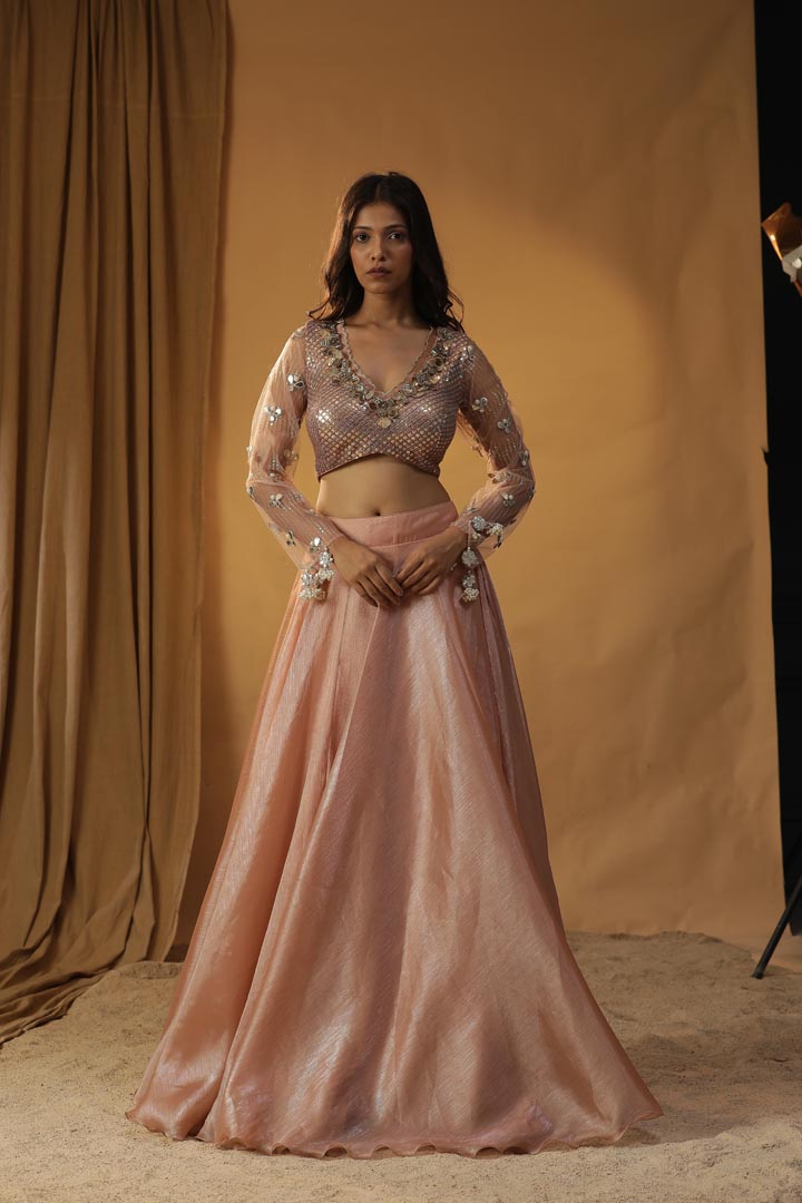 Image of PEACH ORGANZA LEHENGA SET