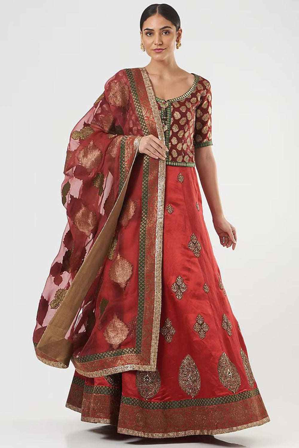 Image of Red Raw Silk Embroidered Lehenga Set