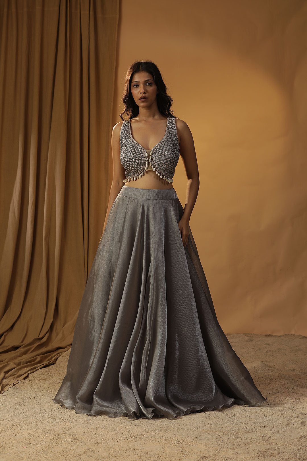 Image of GREY ORGANZA LEHENGA SET