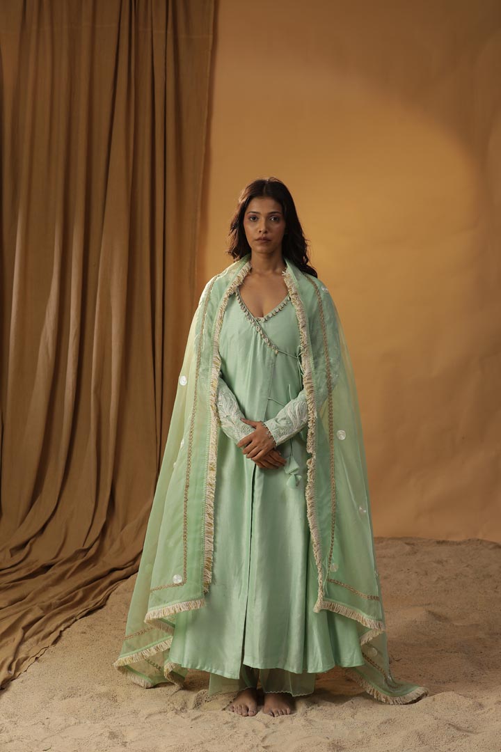 Image of PISTA GREEN ANGRAKHA SUIT SET