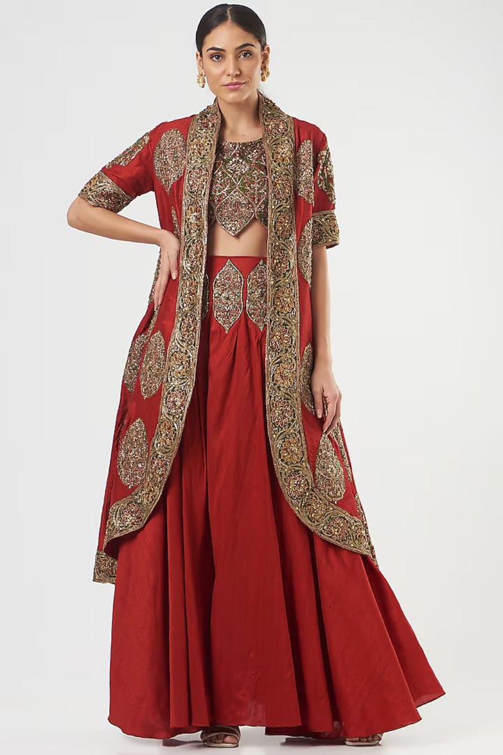 Image of Red Embroidered Jacket Set