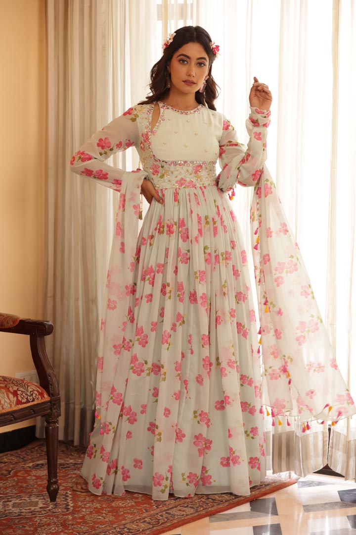 Image of Floral printed chiffon Anarkali with Embroidery and keyhole details on yoke. Paired with chiffon printed dupatta, beads and fringe latkan details all over the dupatta