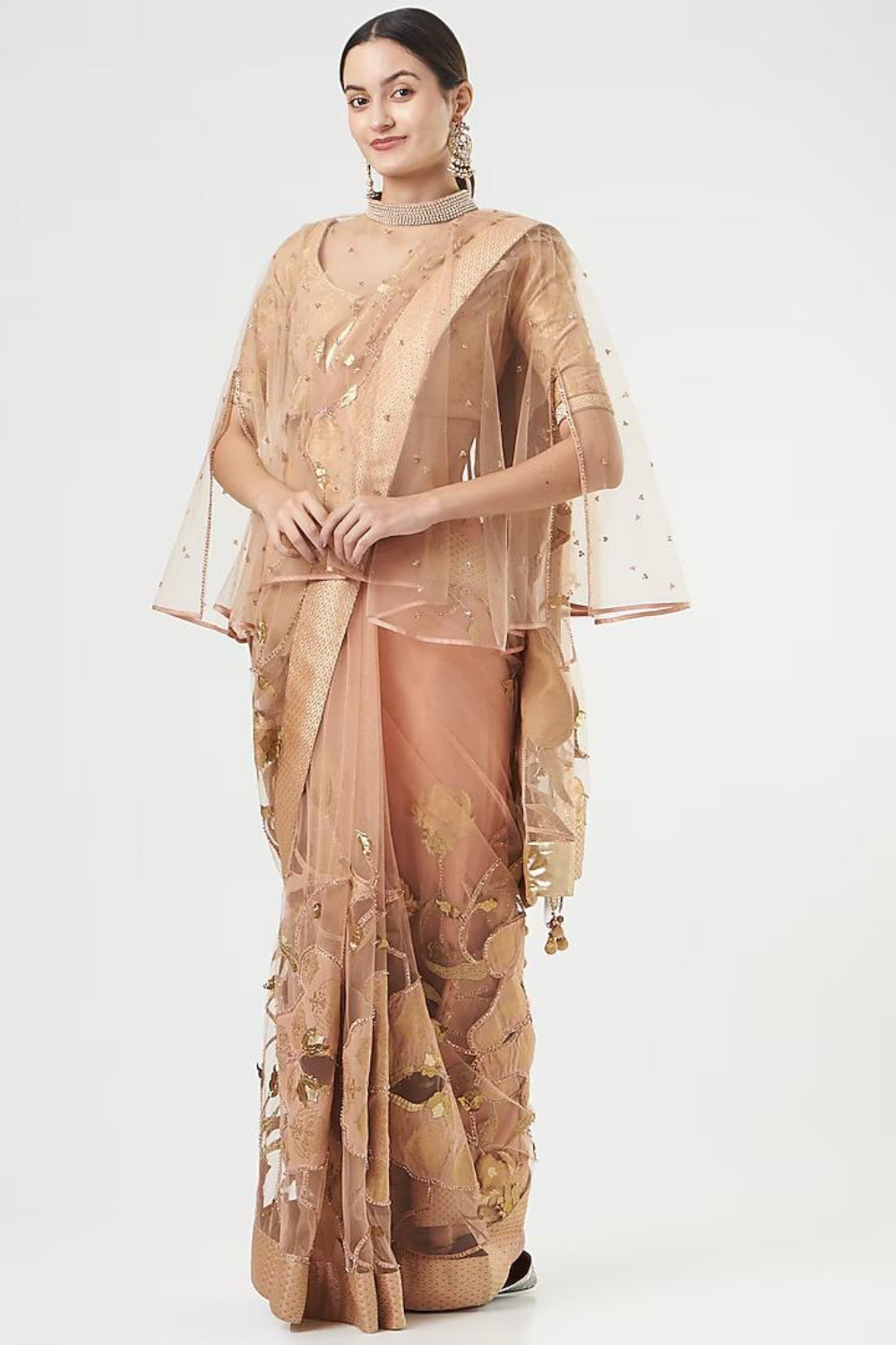 Image of Peach French Net Saree Set