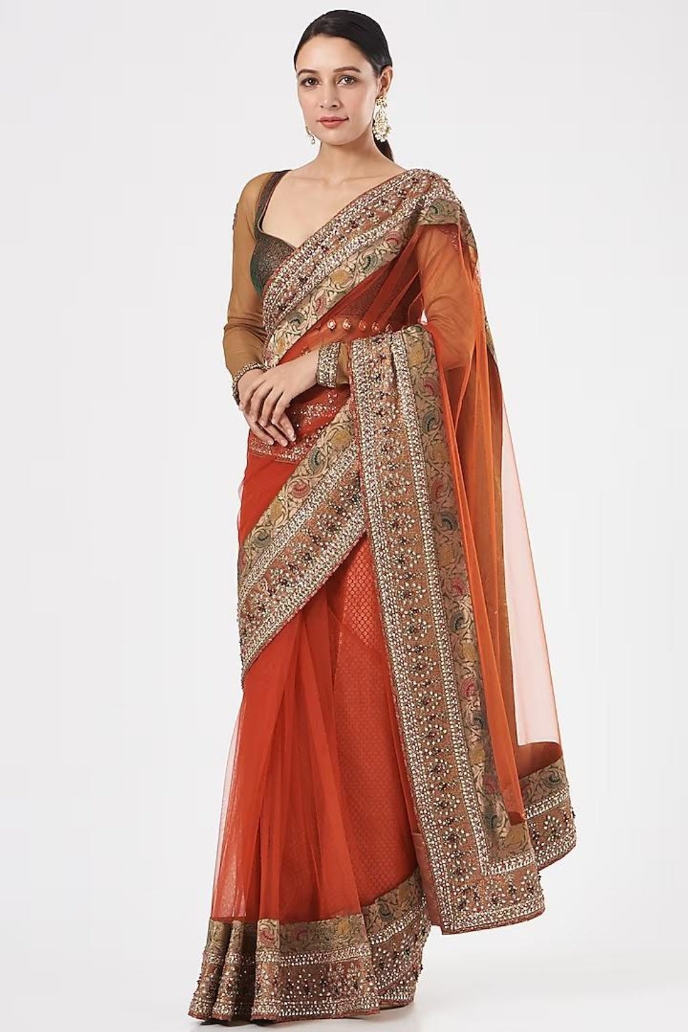 Image of Orange Embroidered Saree Set