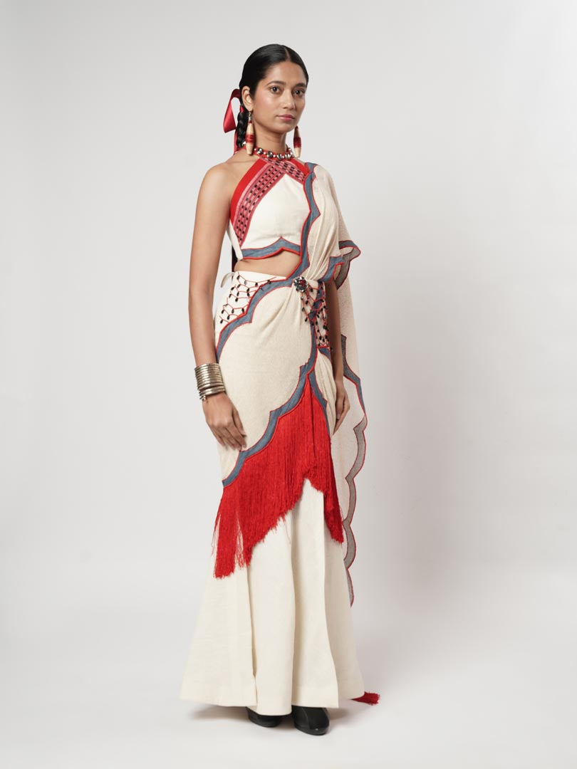 FRINGE SCALLOP DRAPED SAREE