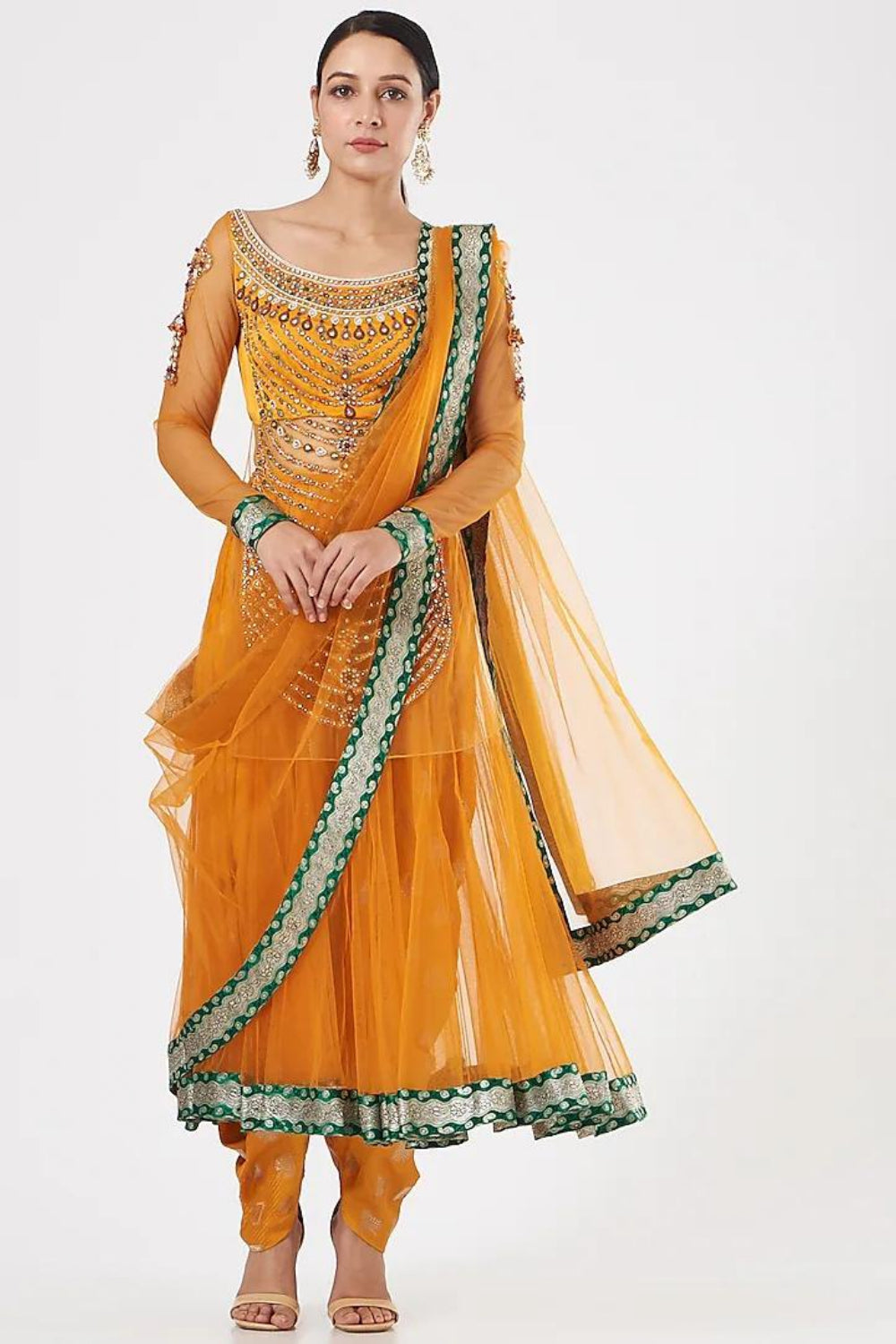 Image of Mustard Pure Net & Banarasi Embroidered Dhoti