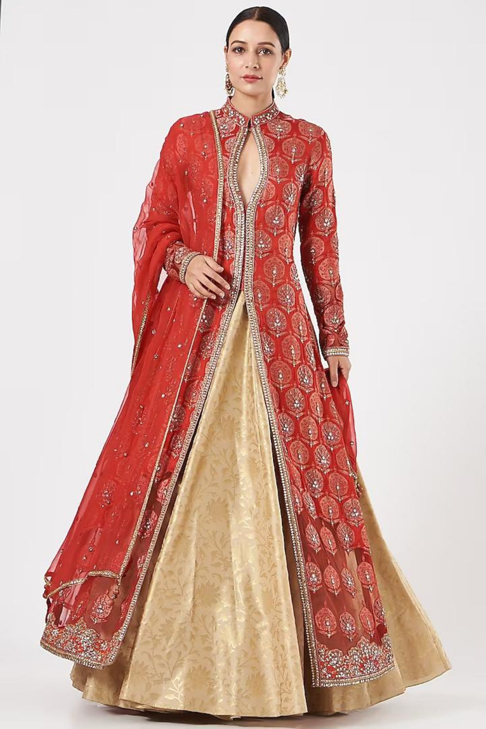 Red and Beige Brocade Embroidered Jacket Lehenga - Auraya Fashion - ASHIMA LEENA - #tag1# - #tag2# - #tag3# - #tag3#