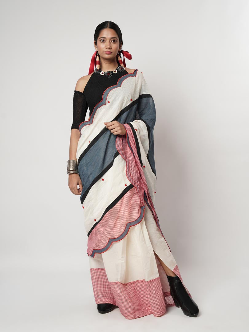 GAMCHA COLOUR BLOCK SCALLOP SAREE SET