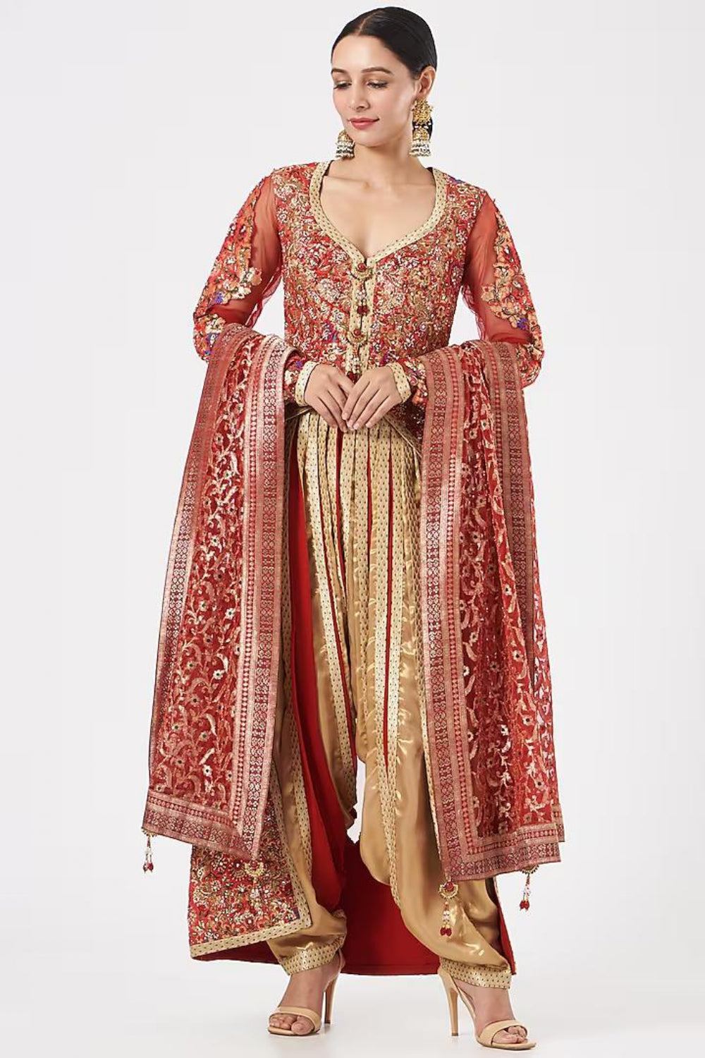 Image of Gold and Red Embroidered Kurta Set