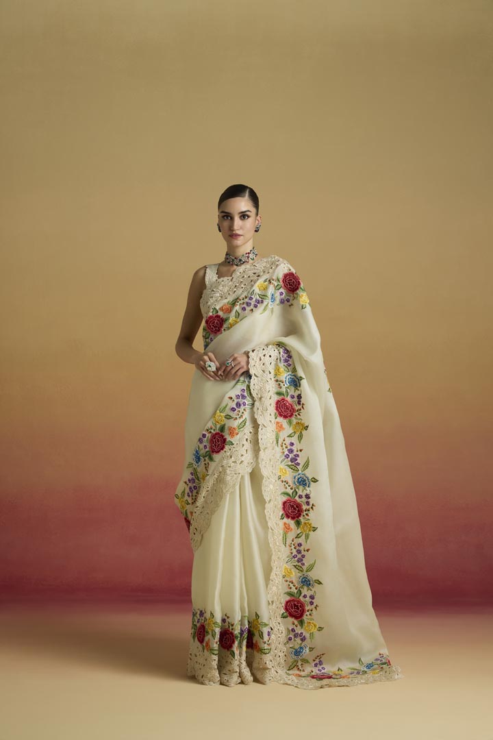IVORY CUTWORK AND FLORAL THREADWORK SAREE