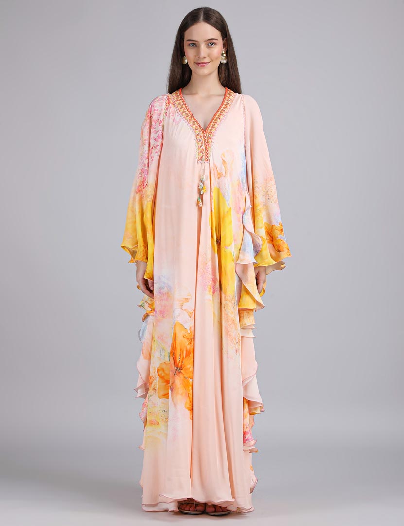 Peach Floral Faux Printed Kaftan Dress