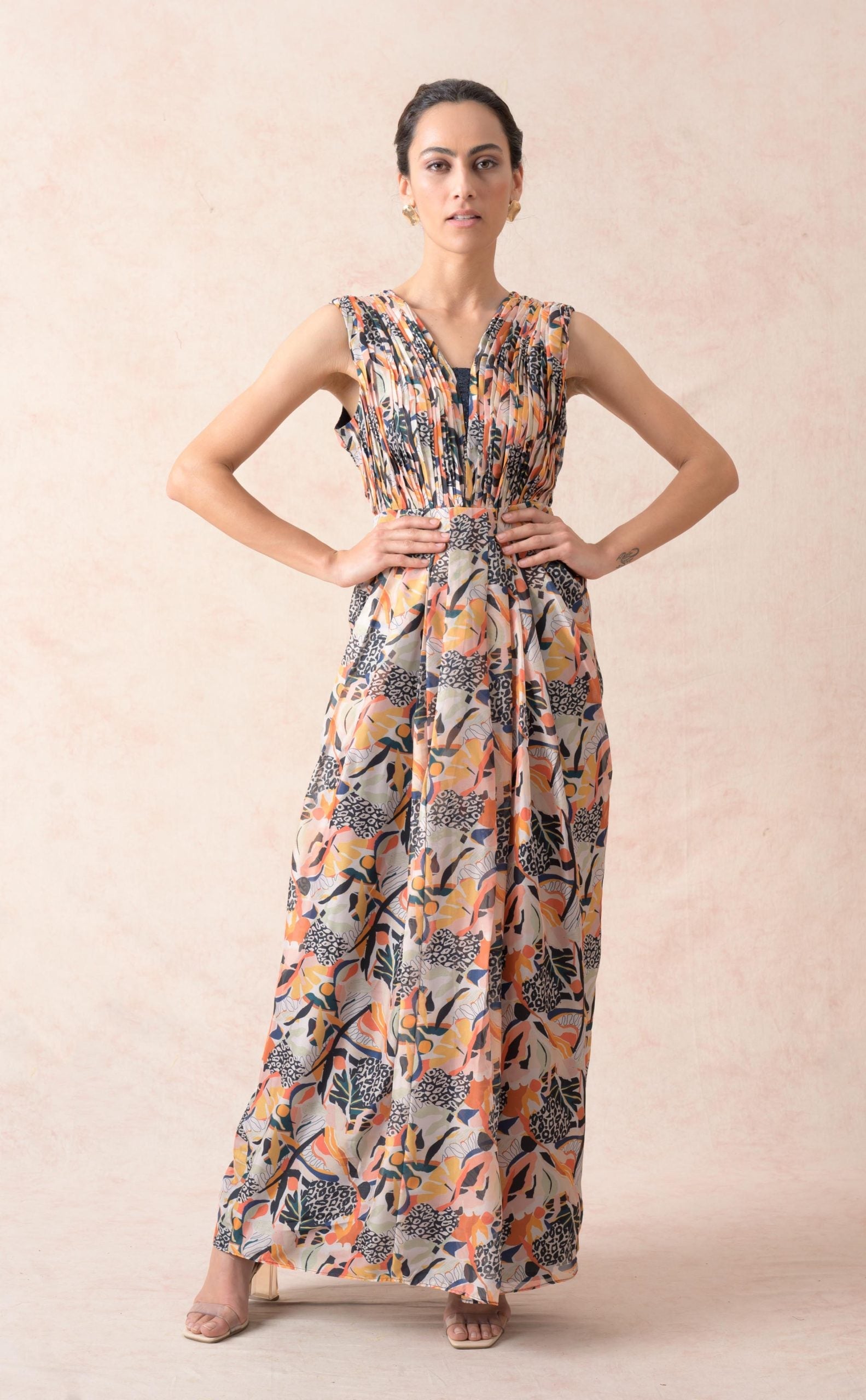 Jungle print pleated Gown