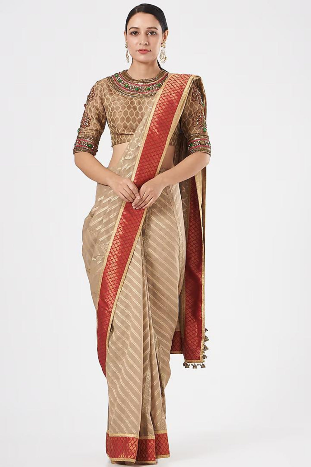 Beige Silk Embroidered Saree Set - Auraya Fashion - ASHIMA LEENA - #tag1# - #tag2# - #tag3# - #tag3#