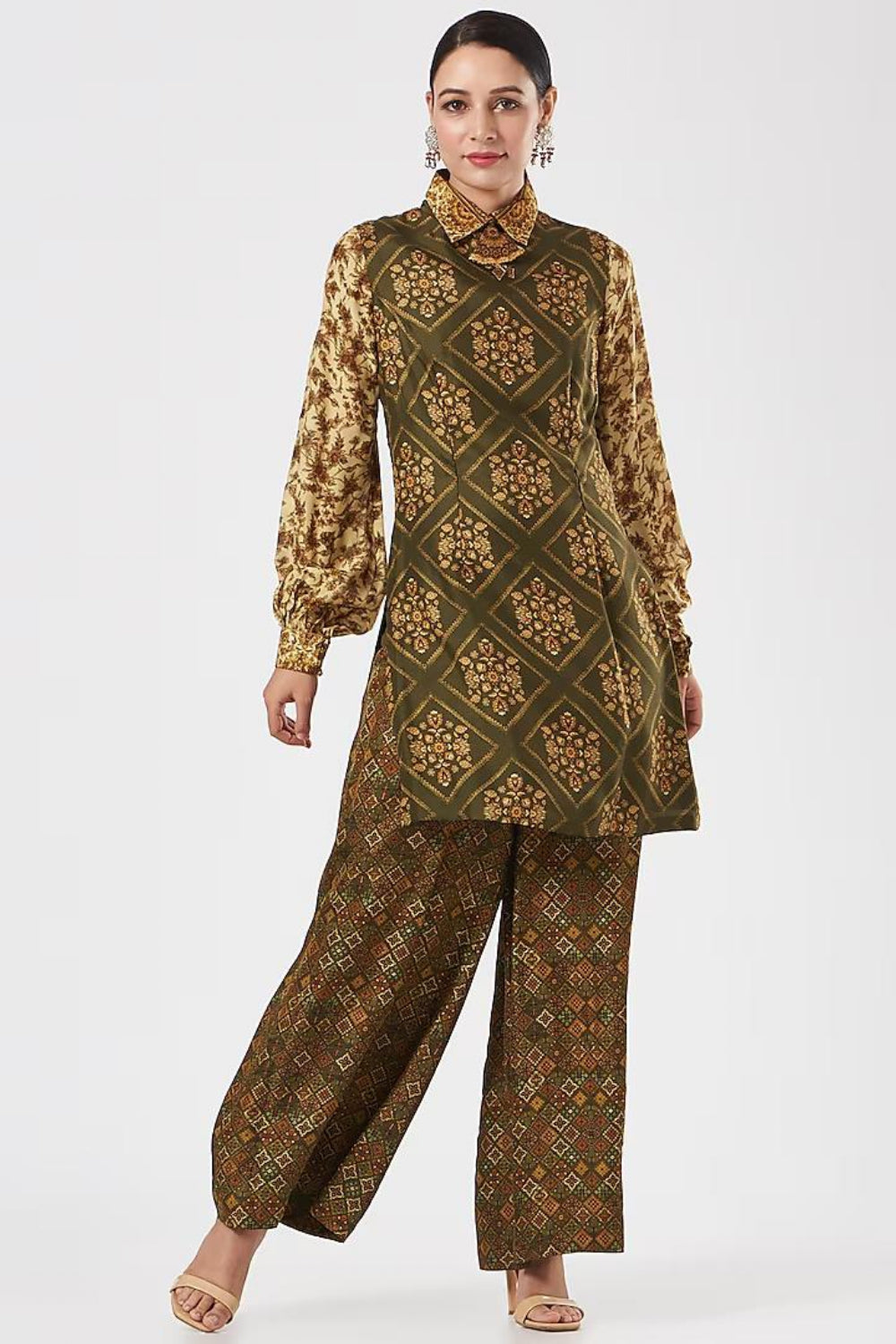 Image of Olive Green Silk Printed Tunic Set